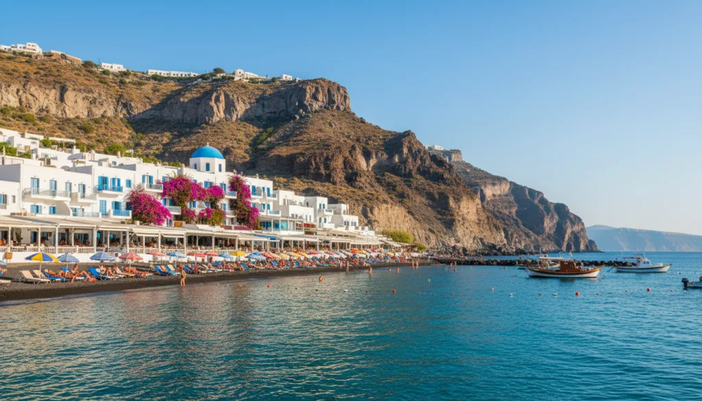 découvrez kamari thira, une station balnéaire unique à santorin, alliant plages de sable noir, culture locale et paysages à couper le souffle pour des vacances inoubliables.